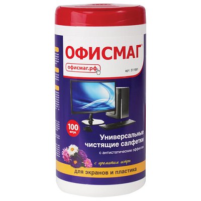Салфетки для экранов всех типов и пластика ОФИСМАГ с ароматом «АСТРА», туба 100 шт., влажные
