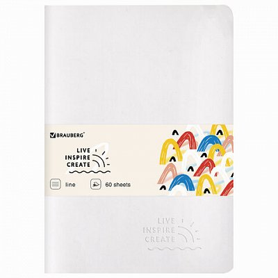 Тетрадь 60 л. в линию обложка кожзам SoftTouch, сшивка, B5 (179×250мм), БЕЛЫЙ, BRAUBERG RAINBOW