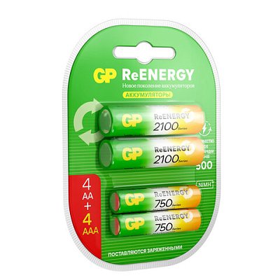 Батарейки аккумуляторные GP ReEnergy Ni-Mh НАБОР 8 шт. (ПРОМО 4+4), AA+ААА (HR6+HR03), 2000 mAh + 750 mAh