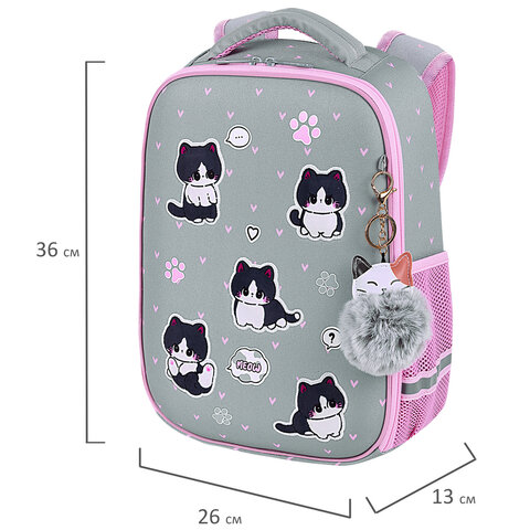 Ранец BRAUBERG LIGHT, 1 отделение, с брелоком, «Cat patches», плюшевые нашивки, 36×26х13 см
