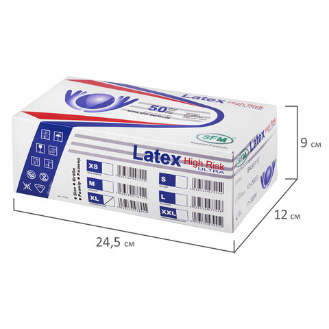 Перчатки латексные смотровыесверхпрочныеSFM HIGH RISK ULTRA25 пар (50 штук)размер XL (очень большой)