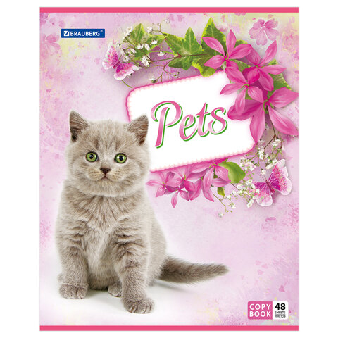 Тетрадь 48 л. BRAUBERG ЭКО, клетка, обложка мелованный картон, "Pets", 5 видов