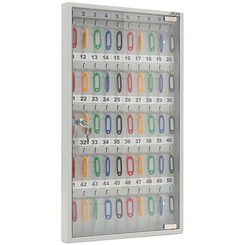 превью Ключница Aiko Key-50G на 50 ключей, 602×367×40мм, ключевой замок, металл, серый, стекл. дверца, с брелоками