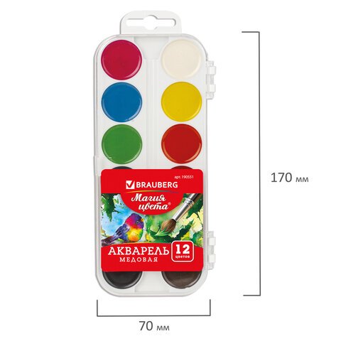Краски акварельные BRAUBERG, 12 цветов, медовые, без кисти, пластиковая коробка, европодвес