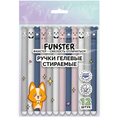 Ручки гелевые стираемые FUNSTER (ФАНСТЕР) «CUTE ANIMALS», СИНИЕ, НАБОР 12 ШТ., корпус soft-touch, узел 0.5 мм, линия письма 0.35 мм
