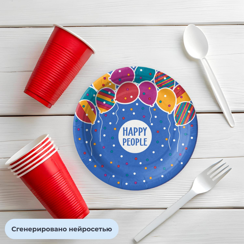 Тарелка одноразовая бумажная 180 мм Happy People МИКС 50шт/уп