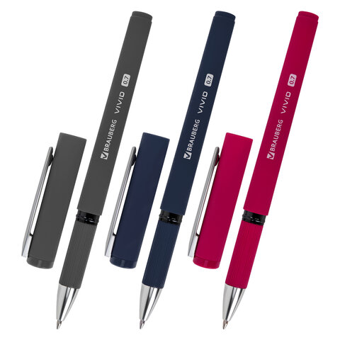 Ручки шариковые с грипом BRAUBERG «VIVID», НАБОР 3 ШТУКИ, СИНИЕ, SOFT TOUCH покрытие, узел 0.7 мм, линия письма 0.35 мм