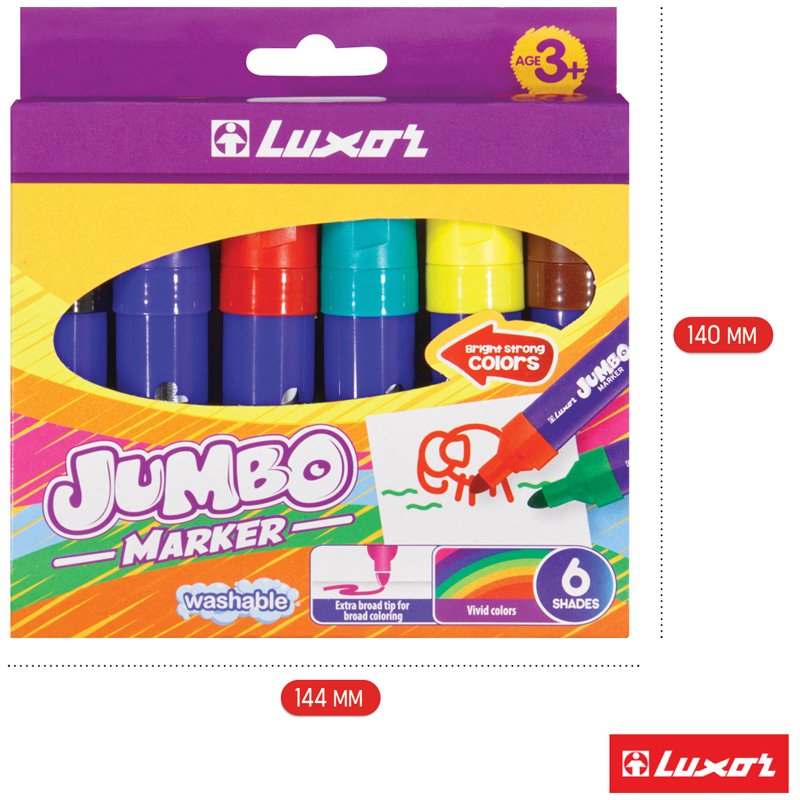 Фломастеры Luxor «Jumbo», 06цв., утолщенные, смываемые, картон, европодвес