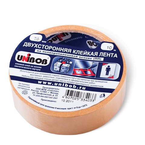 превью Клейкая лента двухсторонняя 25 мм х 10 м, UNIBOB, основа-полипропилен, упаковка с европодвесом