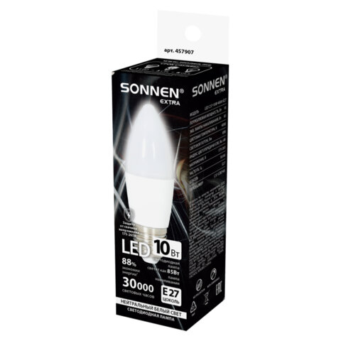 Лампа светодиодная SONNEN EXTRA, 10 (85) Вт, Е27, свеча, нейтральный белый, 30000 ч, LED C37-10W-4000-Е27
