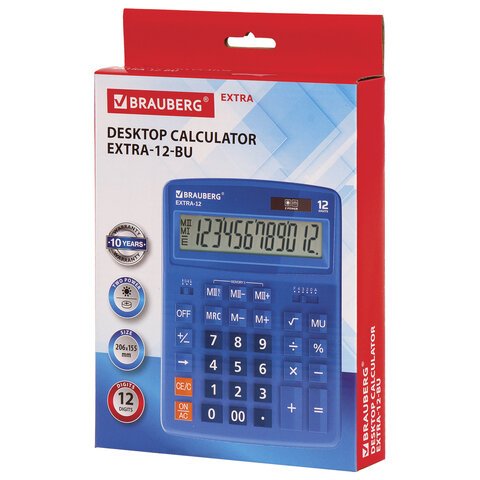 Калькулятор настольный BRAUBERG EXTRA-12-BU (206×155 мм), 12 разрядов, двойное питание, СИНИЙ