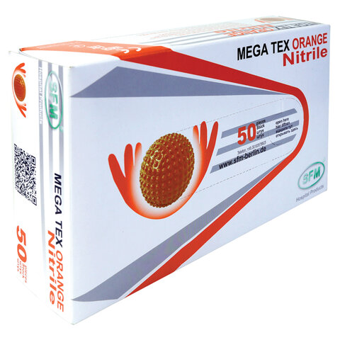 Перчатки нитриловые сверхпрочные с текстурой SFM MEGA TEX ORANGE, Германия, 25 пар (50 штук), размер XL, ЧЗ