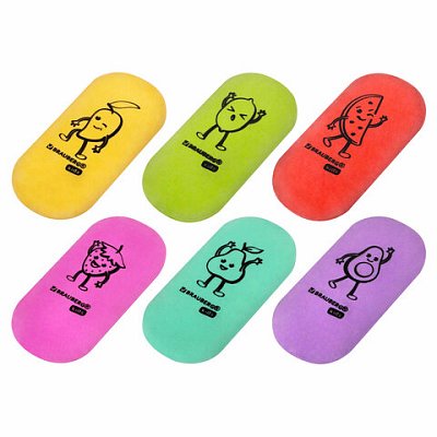 Ластики BRAUBERG KIDS «Fruits», НАБОР 6 штук, 50×23х10 мм, овальные, ассорти