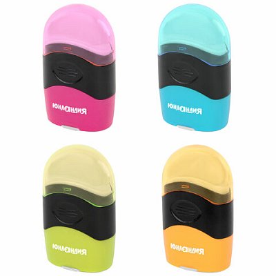 Точилка с контейнером и ластиком ЮНЛАНДИЯ «ДВА В ОДНОМ», яркие цвета ассорти