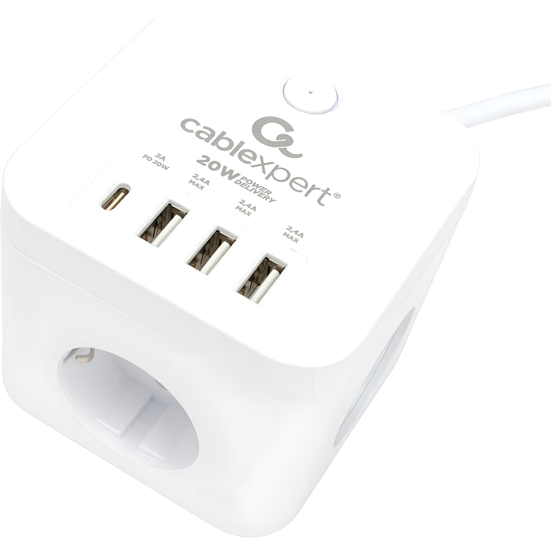 Сетевой фильтр Cablexpert Cube 3р/1.5м, 10А, 3xUSB, белый(CUBE-3-CU3-W-1.5)