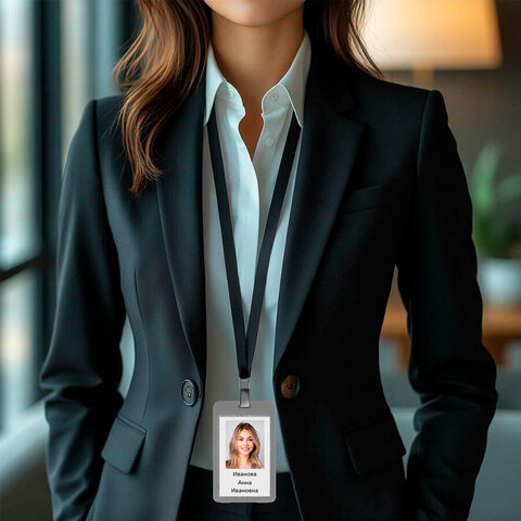 Бейдж вертикальный (85×54 мм), ДВУСТОРОННИЙ, серый, ЗАЩИТА ОТ ВЛАГИ И ПЫЛИ, BRAUBERG EXTRA