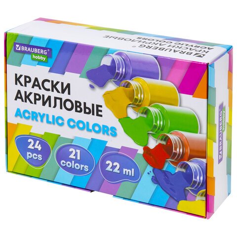 Краски акриловые художественные 24 шт., 21 цвет в банках по 22 мл, BRAUBERG HOBBY