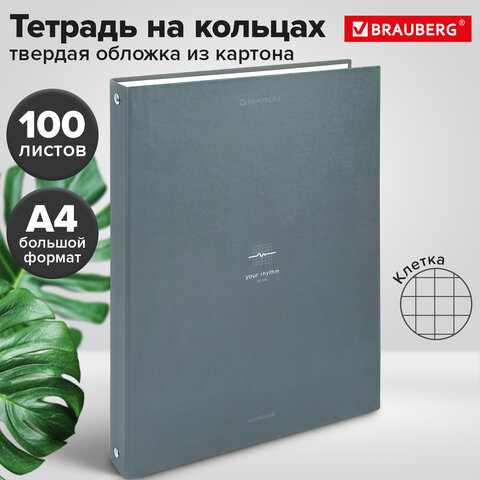 Тетрадь на кольцах БОЛЬШАЯ А4, 215×305 мм, 100 л., твердый картон, клетка, BRAUBERG, «Rhythm»