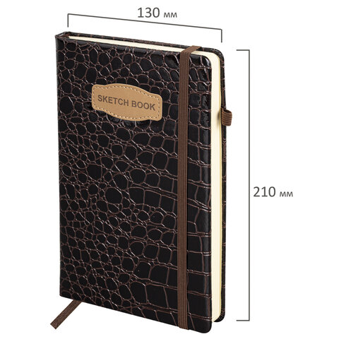 Скетчбук, слоновая кость 140 г/м2, 130×210 мм, 80 л., КОЖЗАМ, резинка, BRAUBERG ART CLASSIC, CROCO, коричневый