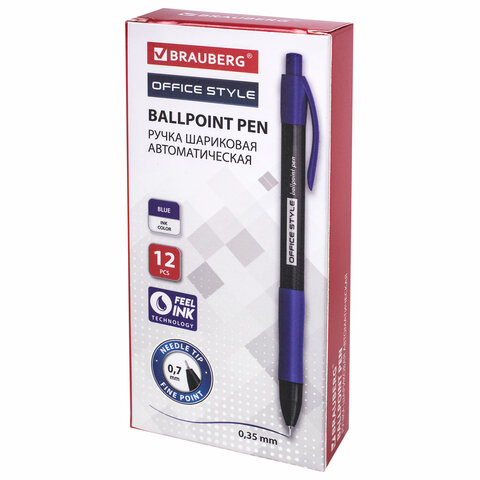 Ручка шариковая автоматическая с грипом BRAUBERG OFFICE STYLE, СИНЯЯ, игольчатый наконечник 0.7мм, линия 0.35мм, тонированный корпус