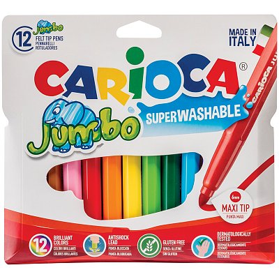 Фломастеры Carioca «Jumbo», 12цв., утолщенные, смываемые, картон, европодвес