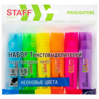 Набор текстовыделителей 6 НЕОНОВЫХ ЦВЕТОВ, STAFF «EVERYDAY HL-707», линия 1-5 мм, скошенный наконечник
