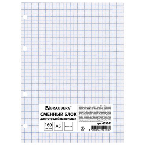 превью Сменный блок к тетради на кольцах, А5, 160 л., BRAUBERG ЭКО, «Белый»