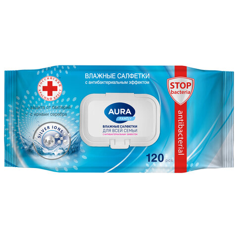 Салфетки влажные 120 шт, AURA Family антибактериальные, для всей семьи, крышка клапан