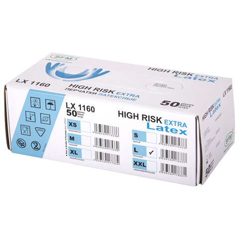 Перчатки латексные смотровые сверхпрочные SFM HIGH RISK LX 116025 пар (50 шт. )L (большой)