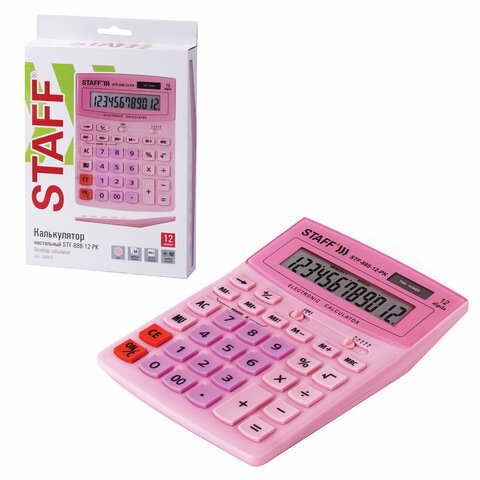 Калькулятор настольный STAFF STF-888-12-PK (200×150 мм) 12 разрядов, двойное питание, РОЗОВЫЙ, 250452