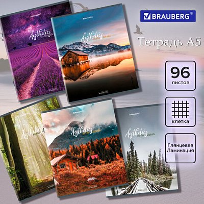 Тетрадь А5, 96 л., BRAUBERG, скоба, клетка, глянцевая ламинация, «Nature»