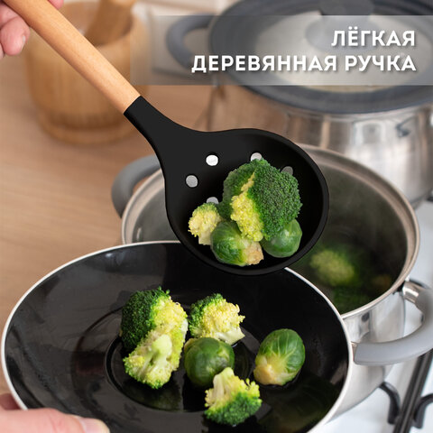 Набор силиконовых кухонных принадлежностей с деревянными ручками 13 в 1черныйDASWERK608197