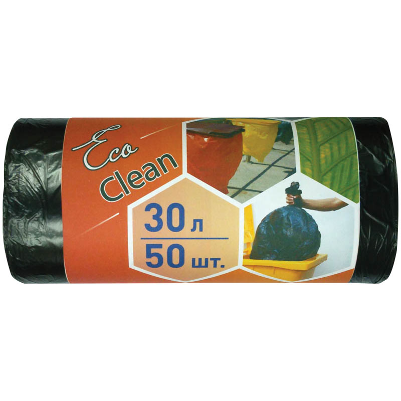 превью Мешки для мусора 30л КБ «Ecoclean» ПНД, 48×55см, 6мкм, 50шт., черные, в рулоне