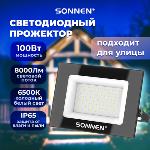 Прожектор светодиодный 100 Вт, 6500 К, 8000 Лм, IP65, 250×178x27 мм, черный, SONNEN