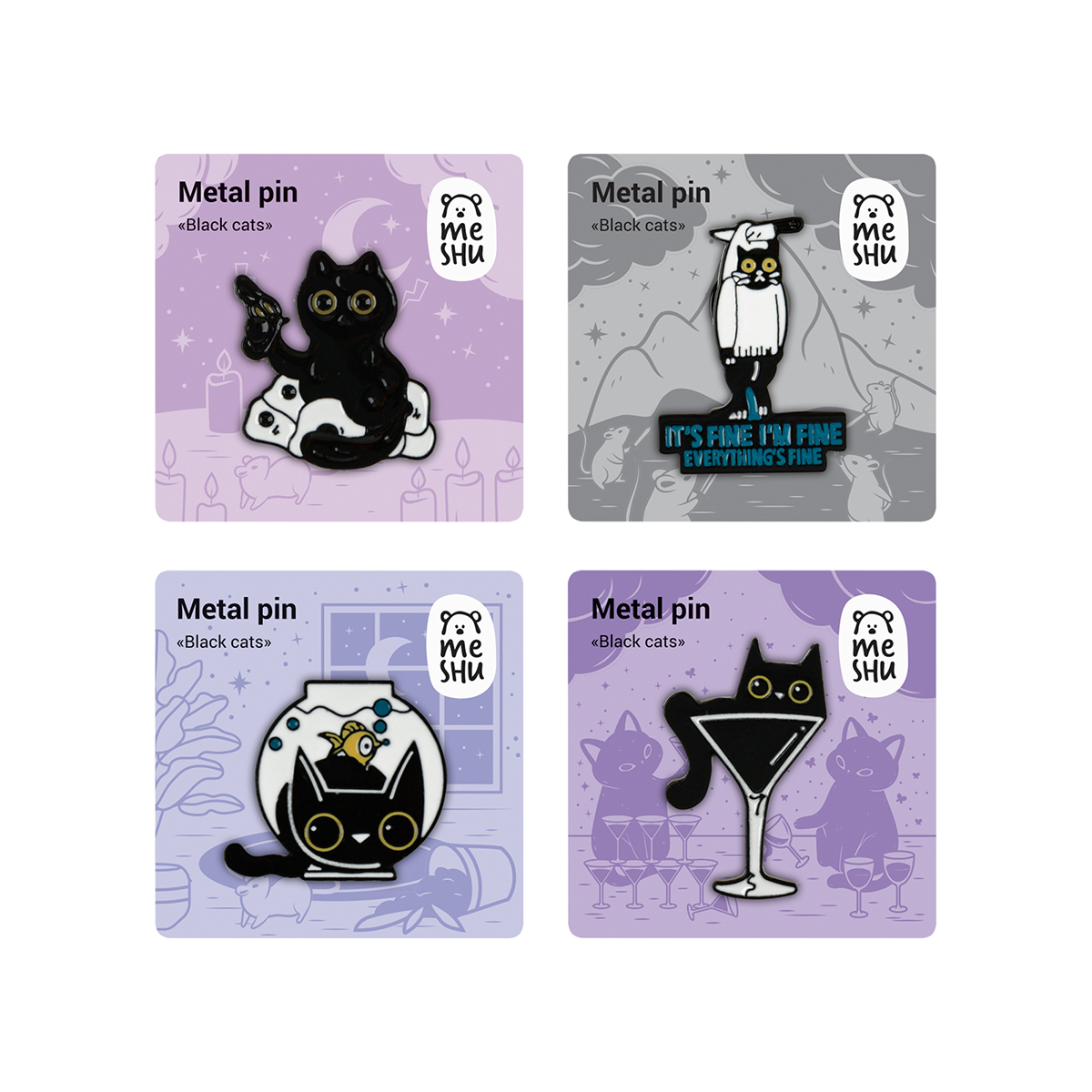 превью Набор металлических значков MESHU «Black cats», эмаль, 4шт, картонная подложка, европодвес
