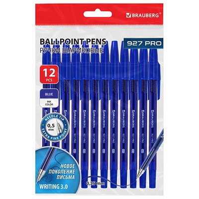Ручки шариковые BRAUBERG 927 PRO «WRITING 3.0», КОМПЛЕКТ 12 ШТ., СИНИЕ, пишущий узел 0.5 мм, линия письма 0.25 мм
