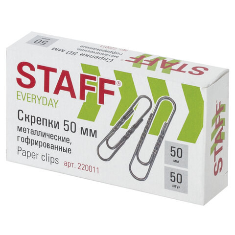 превью Скрепки STAFF эконом, 50 мм, металлические, гофрированные, 50 шт., в картонной коробке