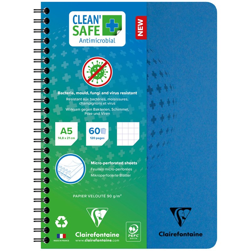 превью Тетрадь 60л., А5, клетка на гребне Clairefontaine «Clean'Safe», 90г/м2, перфорация, антибактериальная обложка