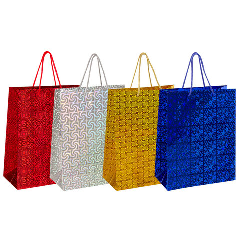 превью Пакет подарочный 26×13x32 см (L), НАБОР 4 шт., 4 дизайна, голография, ЗОЛОТАЯ СКАЗКА