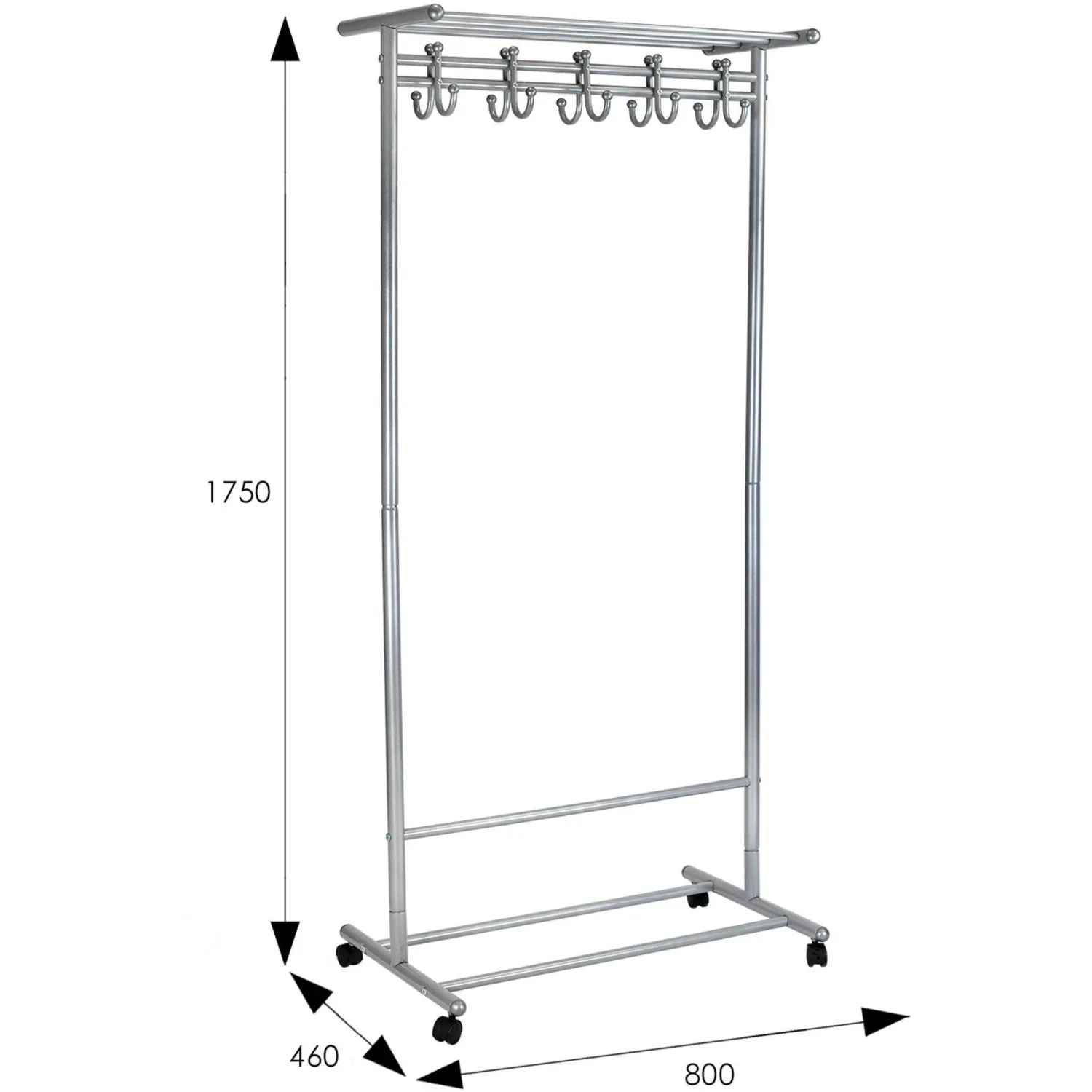 Вешалка МЕ_напольная М 9 с крючками (8209), колеса, металлик