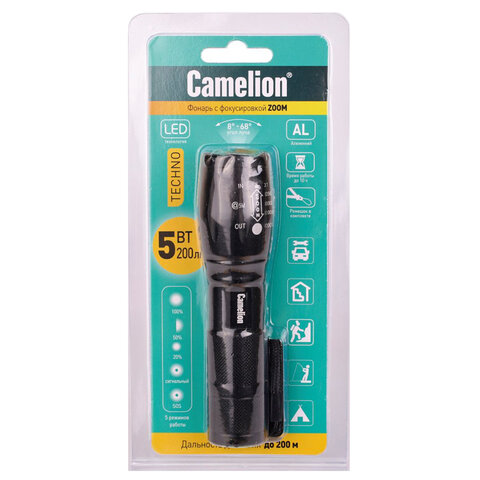 Фонарь CAMELION XML-T6, ЯРКИЙ, ZOOM, 5 режимов, питание 3xAAА или 18650 (не в комплекте)
