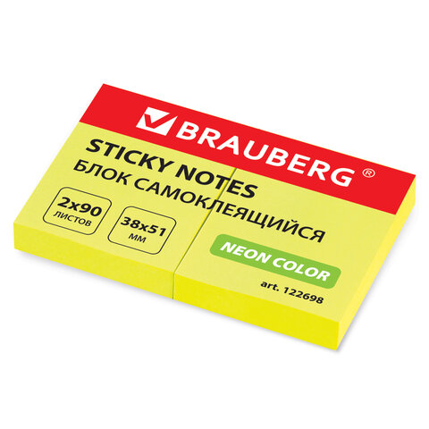 превью Блок самоклеящийся (стикер), BRAUBERG, НЕОНОВЫЙ, 38×51 мм, 2×90 л., желтый