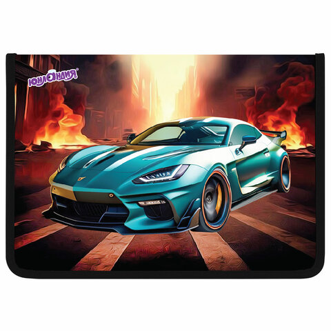 Папка для труда на молнии ЮНЛАНДИЯ А4, 1 отделение, откидная планка, органайзер, «Fire car»