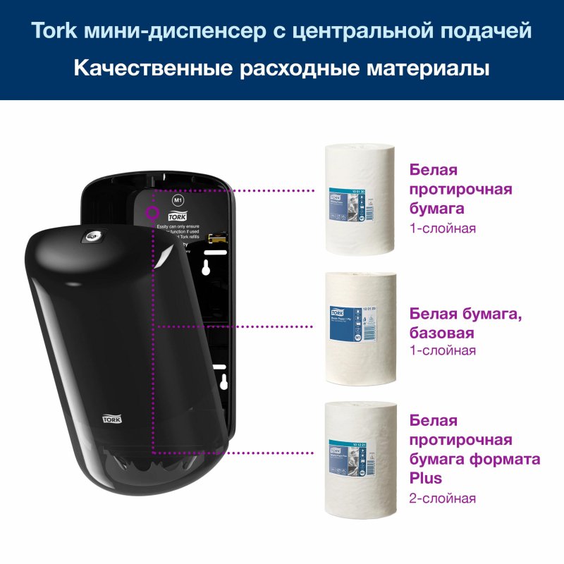 Диспенсер для рулонных полотенец с центральной вытяжкой Tork Elevation Mini M1 пластиковый черный (код производителя 558008)