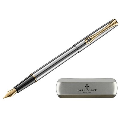 Ручка перьевая Diplomat Traveller stainless steel gold F цвет чернил синий цвет корпуса серебристый (артикул производителя D10057453)