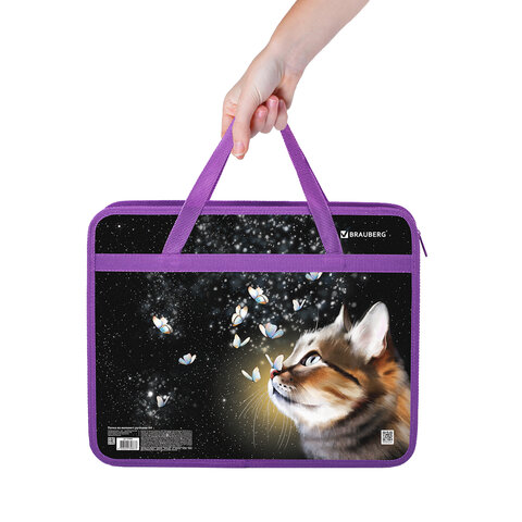 Папка на молнии с ручками BRAUBERG А4, 1 отделение, пластик, 80 мм, «Dream cat»
