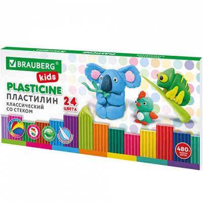 Пластилин классический BRAUBERG KIDS24 цвета480 граммстекВЫСШЕЕ КАЧЕСТВО106437