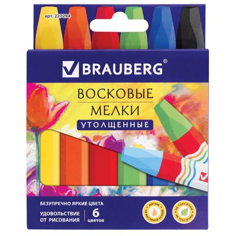 превью Восковые мелки утолщенные BRAUBERG «АКАДЕМИЯ», НАБОР 6 цветов, на масляной основе, яркие цвета
