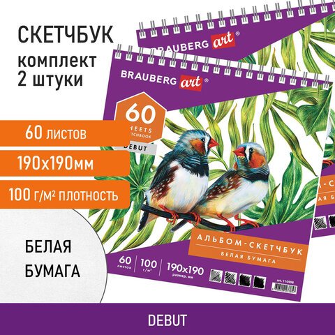 превью Скетчбук-блокнот для рисования белая бумага 100 г/м2, 190×190 мм, 60 л., КОМПЛЕКТ 2 шт., BRAUBERG