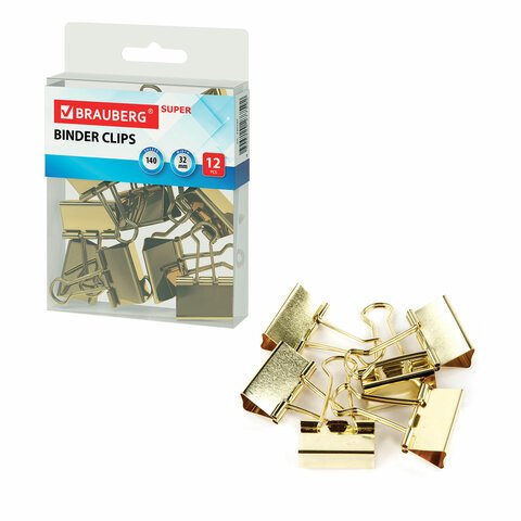 Зажимы для бумаг BRAUBERG EXTRA, КОМПЛЕКТ 12 шт, 32 мм, на 140 л, золотистые, европодвес